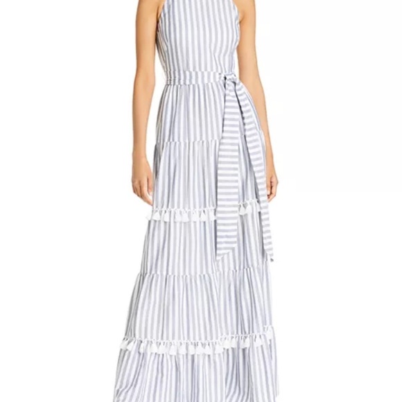 Eliza J Striped Summer Tiered Ruffle Tassel Trim Maxi Dress Preppy Sleeveless 2P - Picture 3 of 16